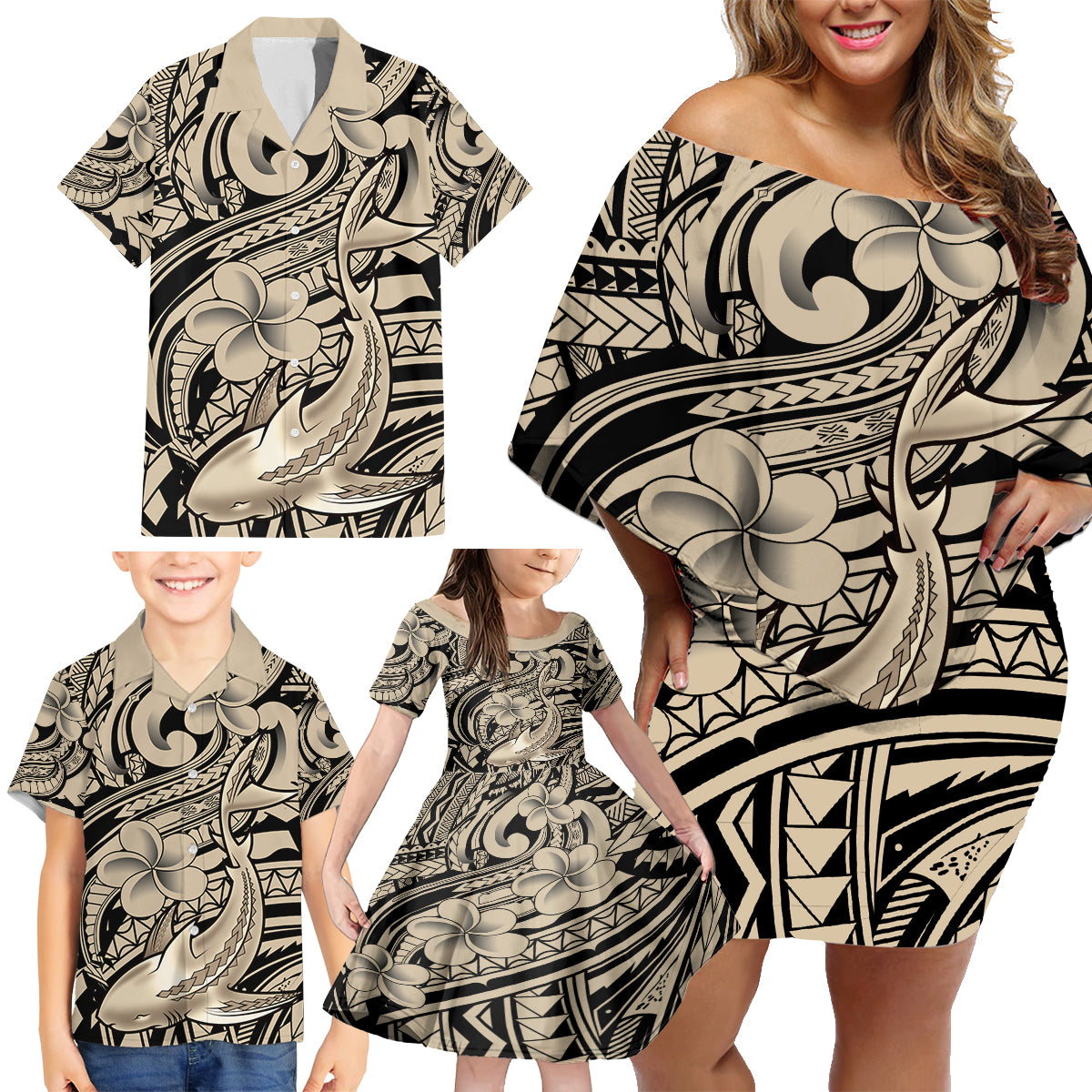 Polynesian Shark Tribal Tattoo Family Matching Off Shoulder Short Dress and Hawaiian Shirt Beige Style LT9 - Polynesian Pride