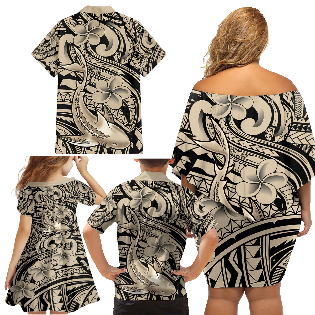 Polynesian Shark Tribal Tattoo Family Matching Off Shoulder Short Dress and Hawaiian Shirt Beige Style LT9 - Polynesian Pride