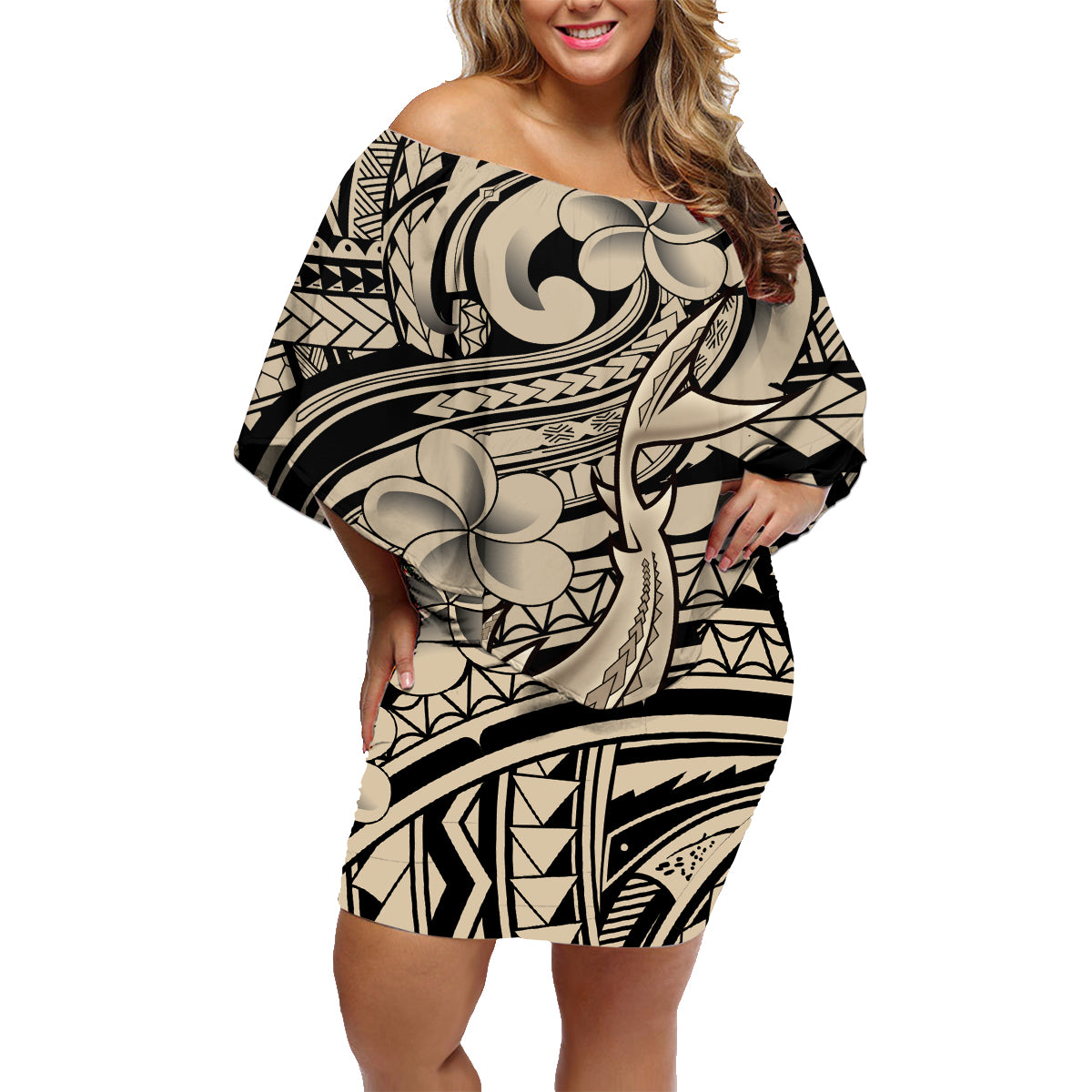 Polynesian Shark Tribal Tattoo Family Matching Off Shoulder Short Dress and Hawaiian Shirt Beige Style LT9 Mom's Dress Beige - Polynesian Pride