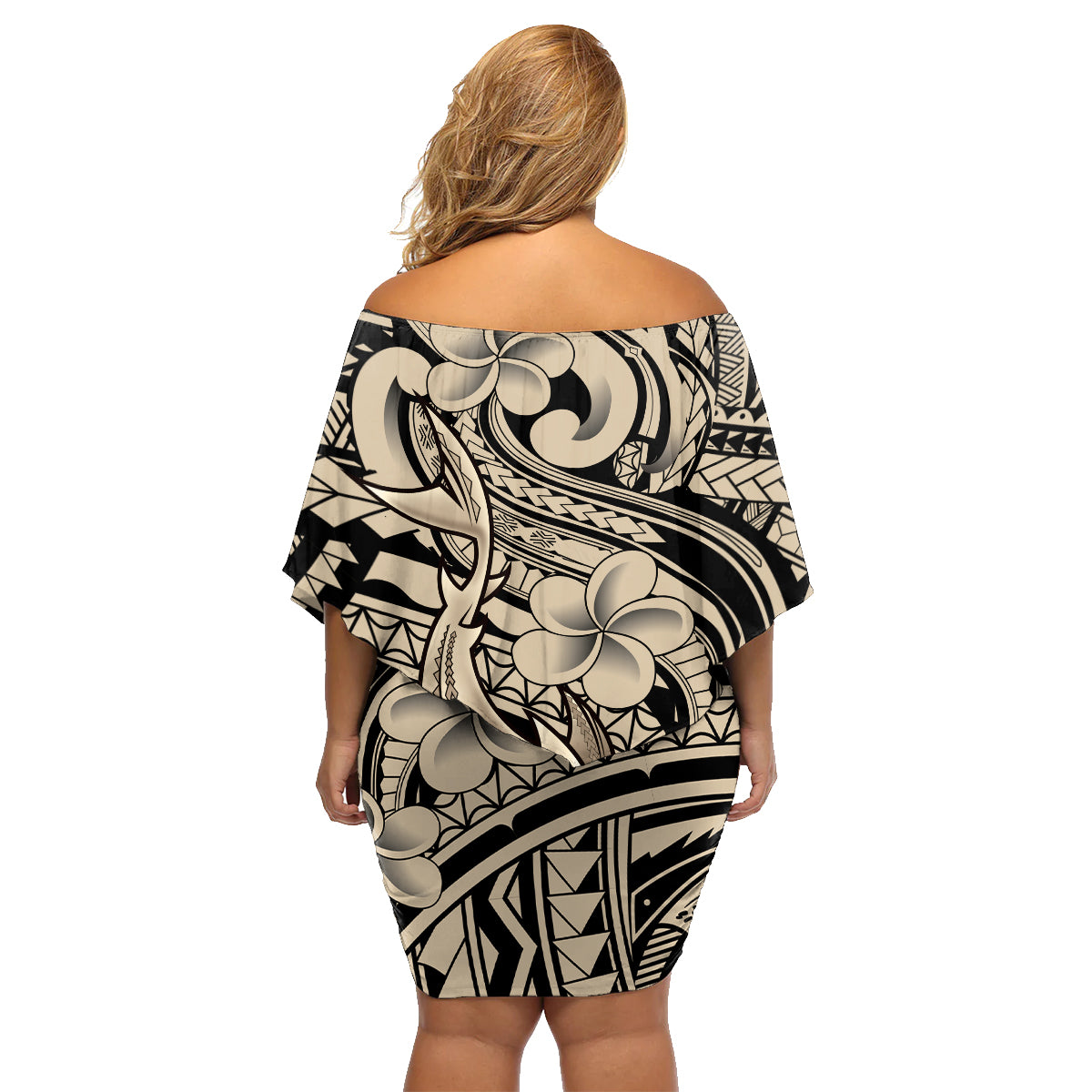 Polynesian Shark Tribal Tattoo Family Matching Off Shoulder Short Dress and Hawaiian Shirt Beige Style LT9 - Polynesian Pride