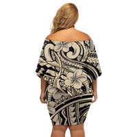Polynesian Shark Tribal Tattoo Family Matching Off Shoulder Short Dress and Hawaiian Shirt Beige Style LT9 - Polynesian Pride