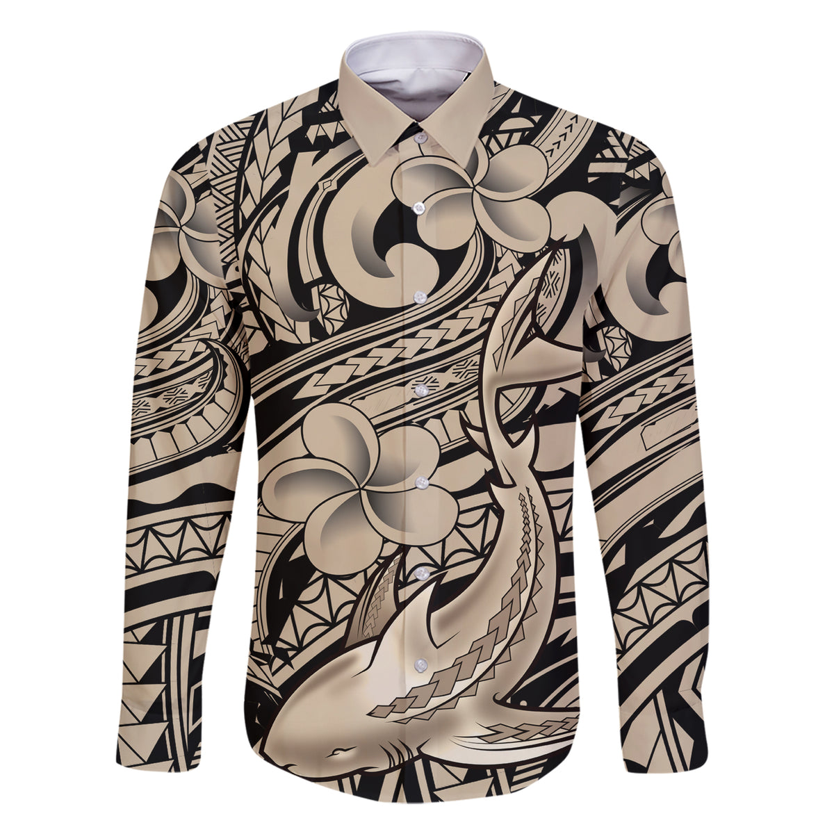 Polynesian Shark Tribal Tattoo Family Matching Short Sleeve Bodycon Dress and Hawaiian Shirt Beige Style LT9 Dad's Shirt - Long Sleeve Beige - Polynesian Pride