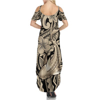 Polynesian Shark Tribal Tattoo Family Matching Summer Maxi Dress and Hawaiian Shirt Beige Style LT9 - Polynesian Pride