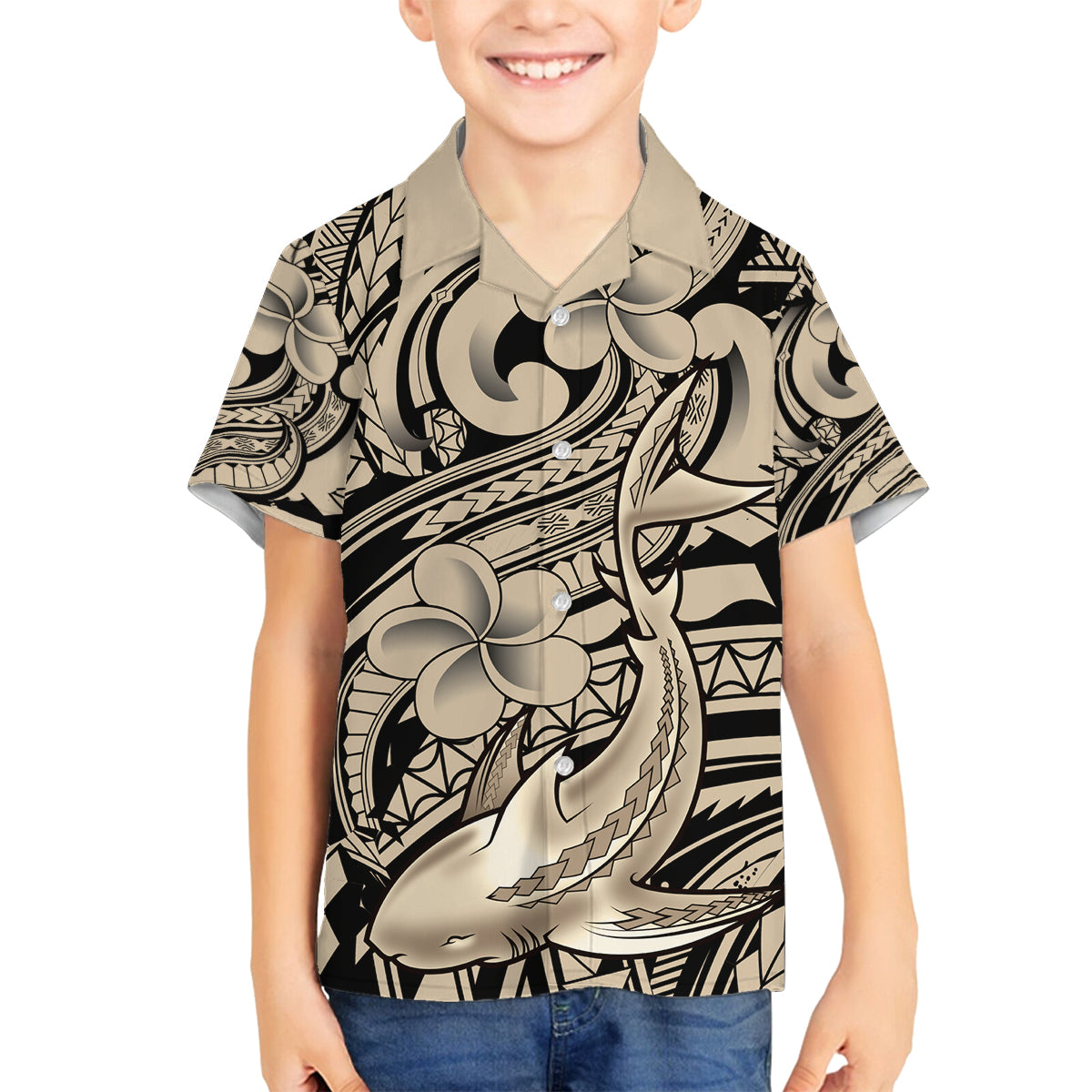 Polynesian Shark Tribal Tattoo Family Matching Tank Maxi Dress and Hawaiian Shirt Beige Style LT9 Son's Shirt Beige - Polynesian Pride