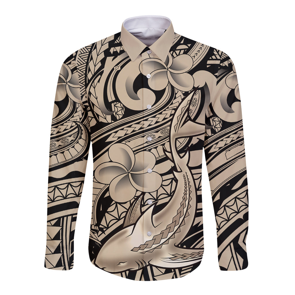 Polynesian Shark Tribal Tattoo Long Sleeve Button Shirt Beige Style LT9 Unisex Beige - Polynesian Pride