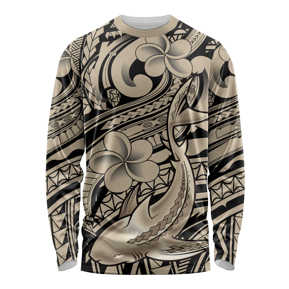 Polynesian Shark Tribal Tattoo Long Sleeve Shirt Beige Style LT9 Unisex Beige - Polynesian Pride