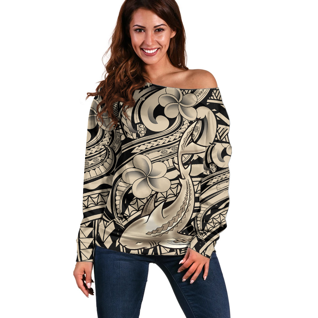 Polynesian Shark Tribal Tattoo Off Shoulder Sweater Beige Style LT9 Women Beige - Polynesian Pride