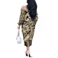 Polynesian Shark Tribal Tattoo Off The Shoulder Long Sleeve Dress Beige Style