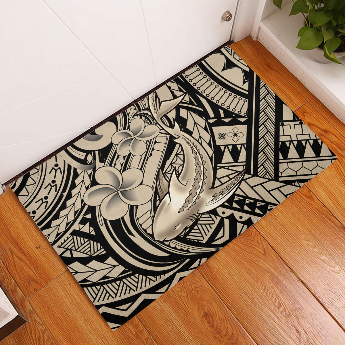 Polynesian Shark Tribal Tattoo Rubber Doormat Beige Style