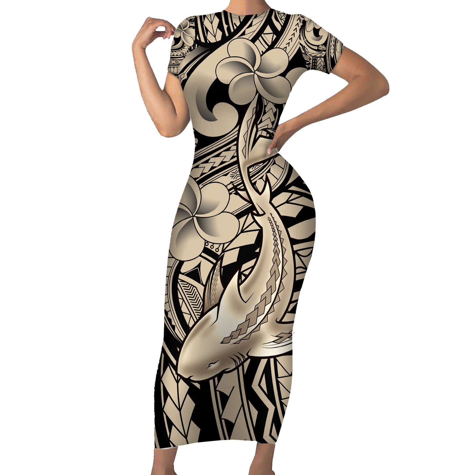 Polynesian Shark Tribal Tattoo Short Sleeve Bodycon Dress Beige Style LT9 Long Dress Beige - Polynesian Pride