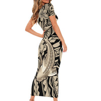 Polynesian Shark Tribal Tattoo Short Sleeve Bodycon Dress Beige Style