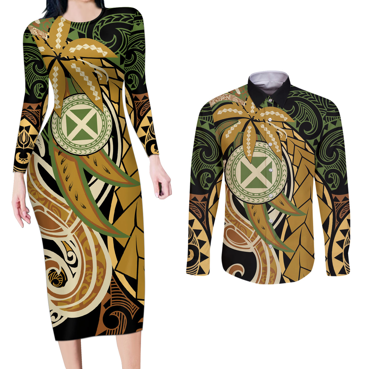 Wallis and Futuna Victory Day Couples Matching Long Sleeve Bodycon Dress and Long Sleeve Button Shirt Since 1945 with Polynesian Platinum Floral Tribal LT9 Red - Polynesian Pride