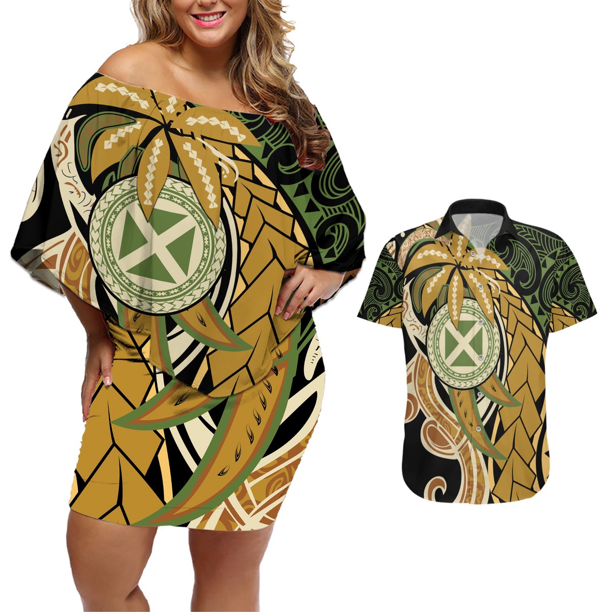 Wallis and Futuna Victory Day Couples Matching Off Shoulder Short Dress and Hawaiian Shirt Since 1945 with Polynesian Platinum Floral Tribal LT9 Red - Polynesian Pride