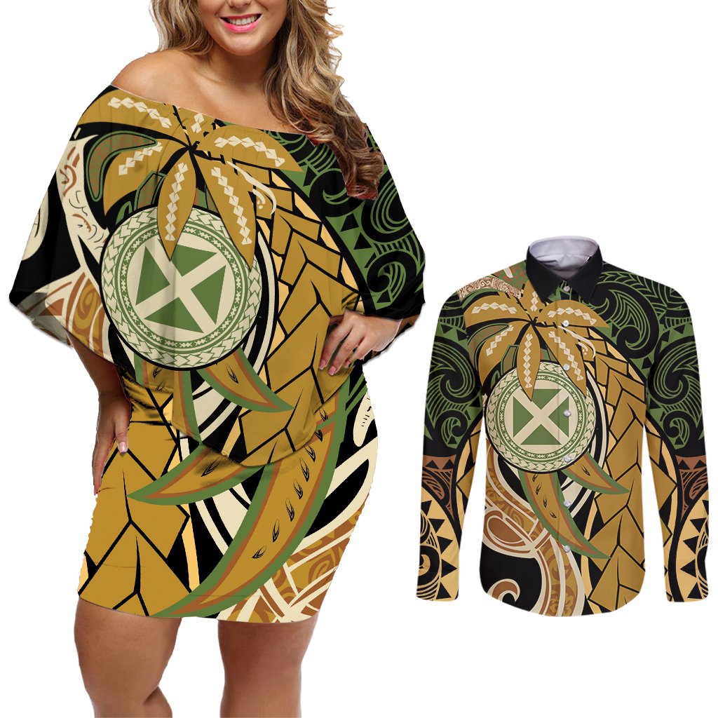 Wallis and Futuna Victory Day Couples Matching Off Shoulder Short Dress and Long Sleeve Button Shirt Since 1945 with Polynesian Platinum Floral Tribal LT9 Red - Polynesian Pride