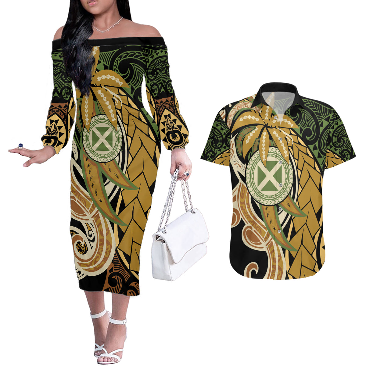 Wallis and Futuna Victory Day Couples Matching Off The Shoulder Long Sleeve Dress and Hawaiian Shirt Since 1945 with Polynesian Platinum Floral Tribal LT9 Red - Polynesian Pride