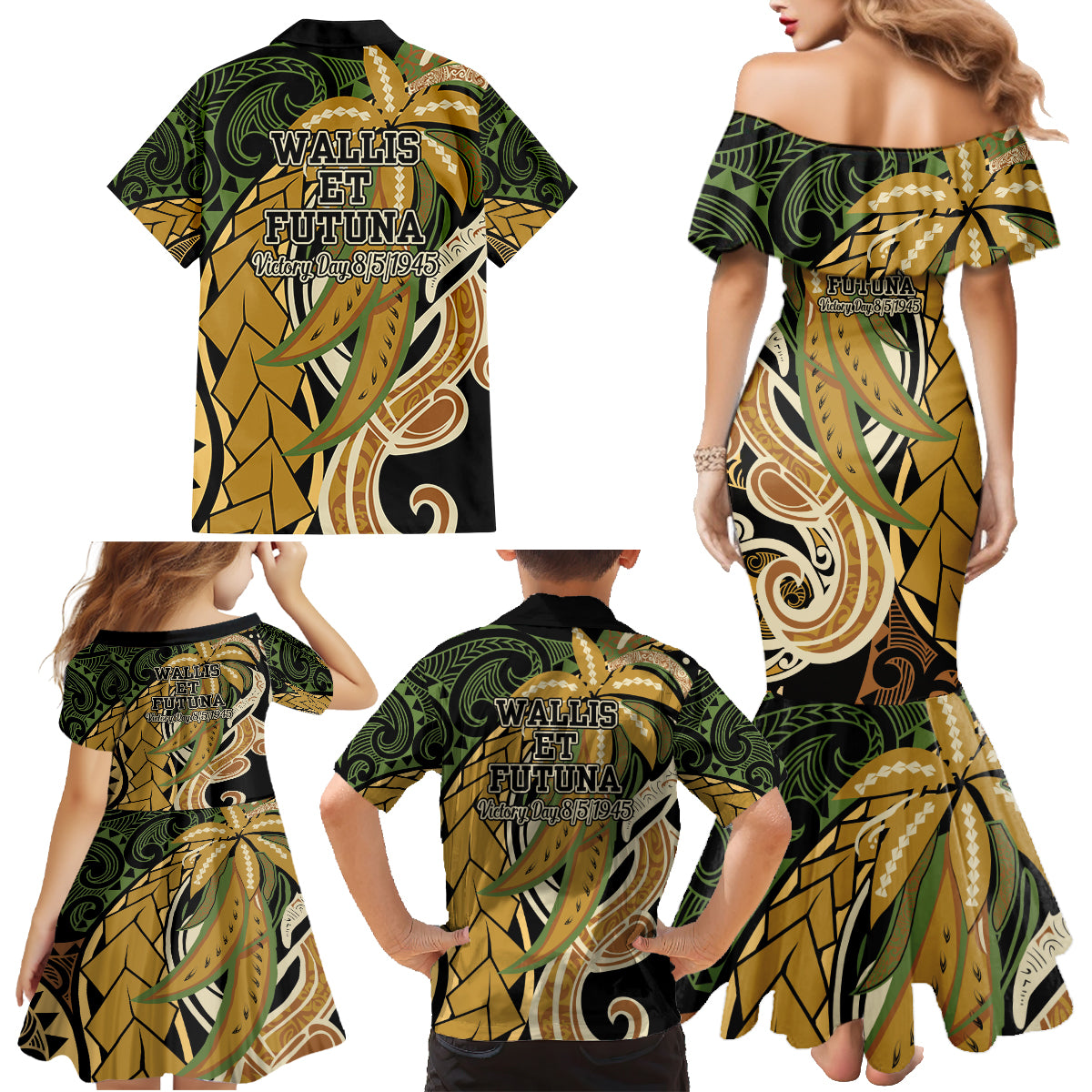 Wallis and Futuna Victory Day Family Matching Mermaid Dress and Hawaiian Shirt Since 1945 with Polynesian Platinum Floral Tribal LT9 - Polynesian Pride