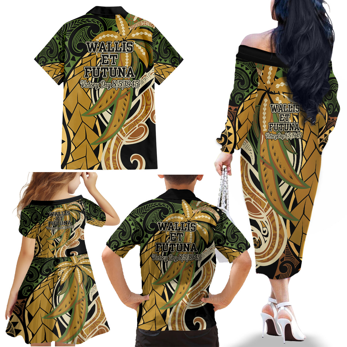 Wallis and Futuna Victory Day Family Matching Off The Shoulder Long Sleeve Dress and Hawaiian Shirt Since 1945 with Polynesian Platinum Floral Tribal LT9 - Polynesian Pride