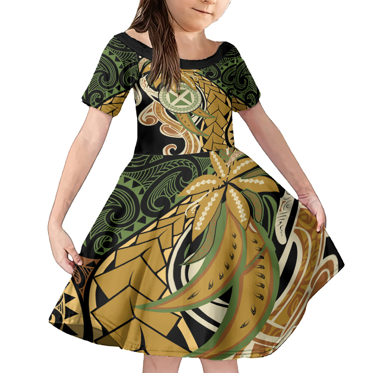 Wallis and Futuna Victory Day Family Matching Off Shoulder Maxi Dress and Hawaiian Shirt Since 1945 with Polynesian Platinum Floral Tribal LT9 Daughter's Dress Red - Polynesian Pride