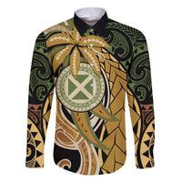 Wallis and Futuna Victory Day Family Matching Off Shoulder Maxi Dress and Hawaiian Shirt Since 1945 with Polynesian Platinum Floral Tribal LT9 Dad's Shirt - Long Sleeve Red - Polynesian Pride