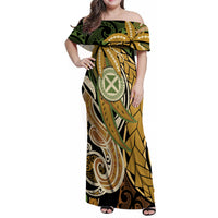 Wallis and Futuna Victory Day Family Matching Off Shoulder Maxi Dress and Hawaiian Shirt Since 1945 with Polynesian Platinum Floral Tribal LT9 Mom's Dress Red - Polynesian Pride