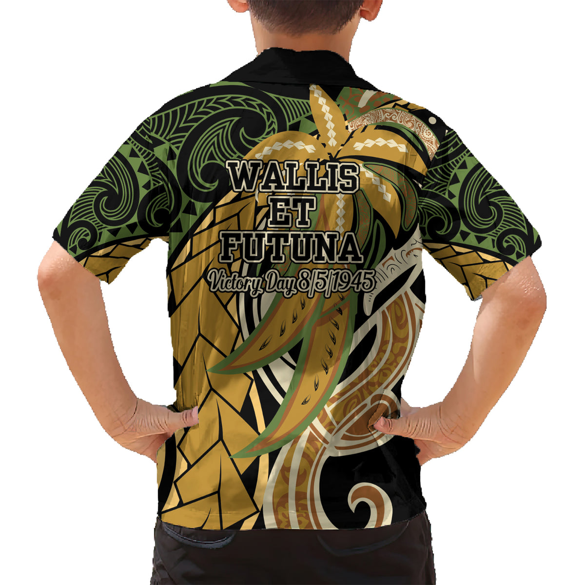 Wallis and Futuna Victory Day Family Matching Short Sleeve Bodycon Dress and Hawaiian Shirt Since 1945 with Polynesian Platinum Floral Tribal LT9 - Polynesian Pride