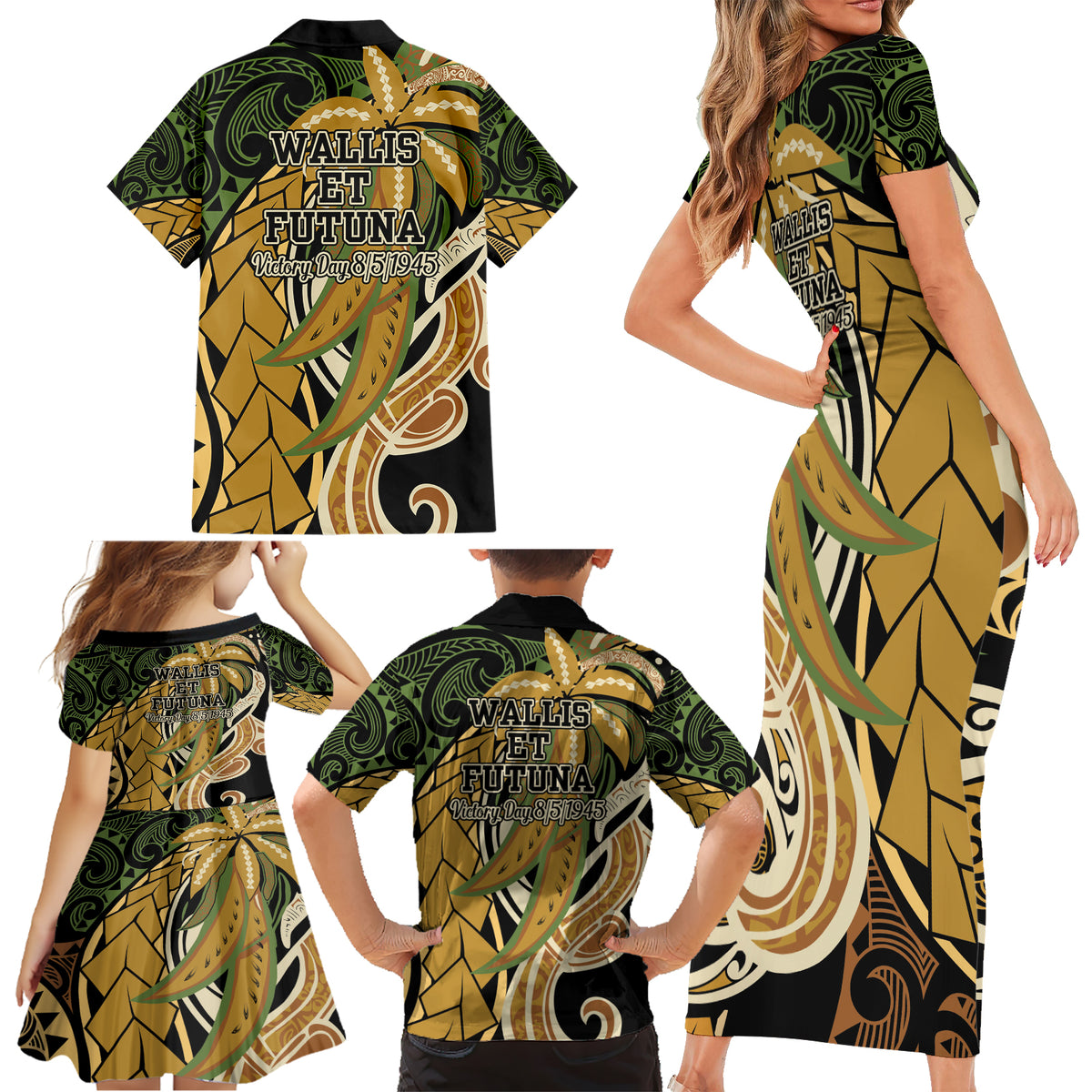 Wallis and Futuna Victory Day Family Matching Short Sleeve Bodycon Dress and Hawaiian Shirt Since 1945 with Polynesian Platinum Floral Tribal LT9 - Polynesian Pride