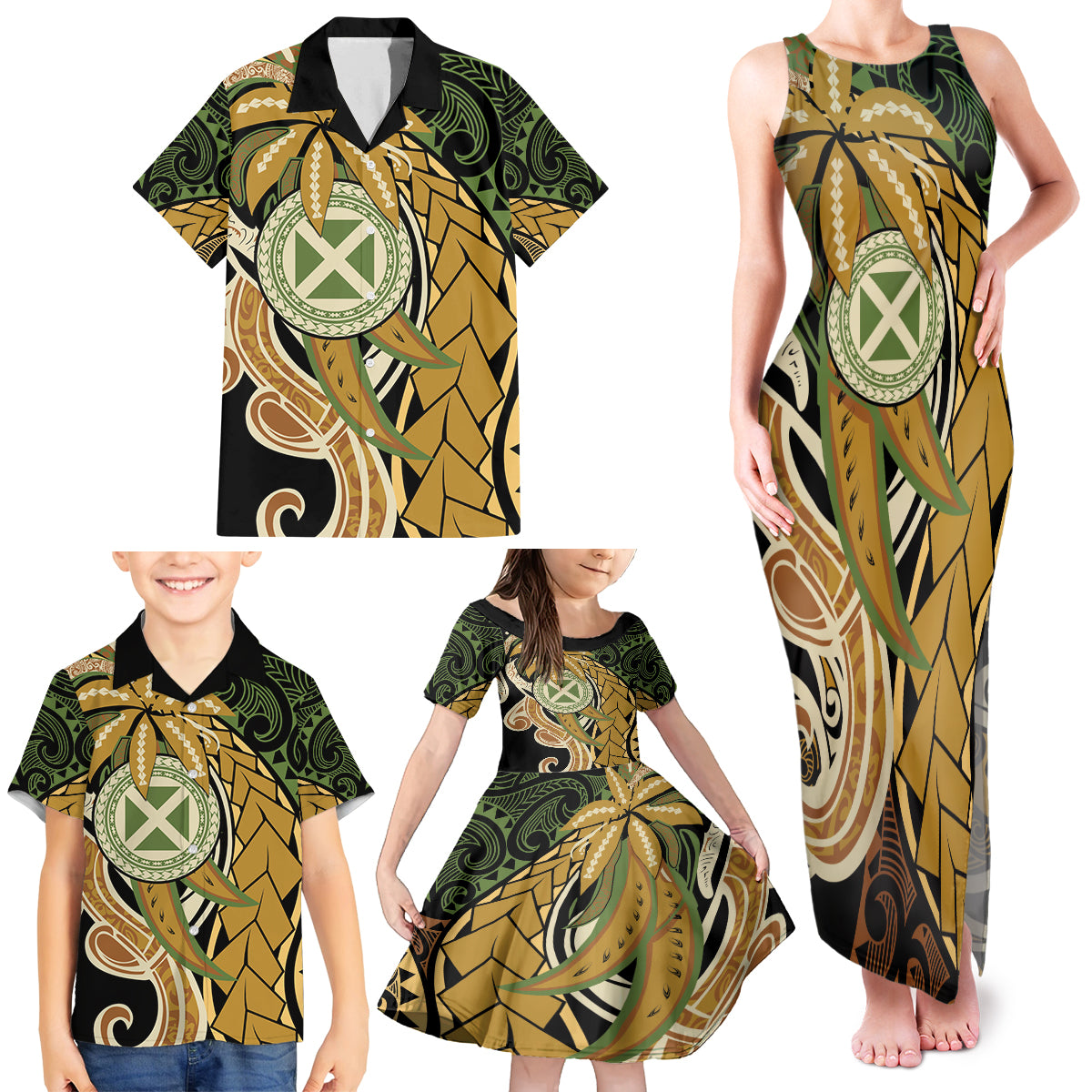 Wallis and Futuna Victory Day Family Matching Tank Maxi Dress and Hawaiian Shirt Since 1945 with Polynesian Platinum Floral Tribal LT9 - Polynesian Pride