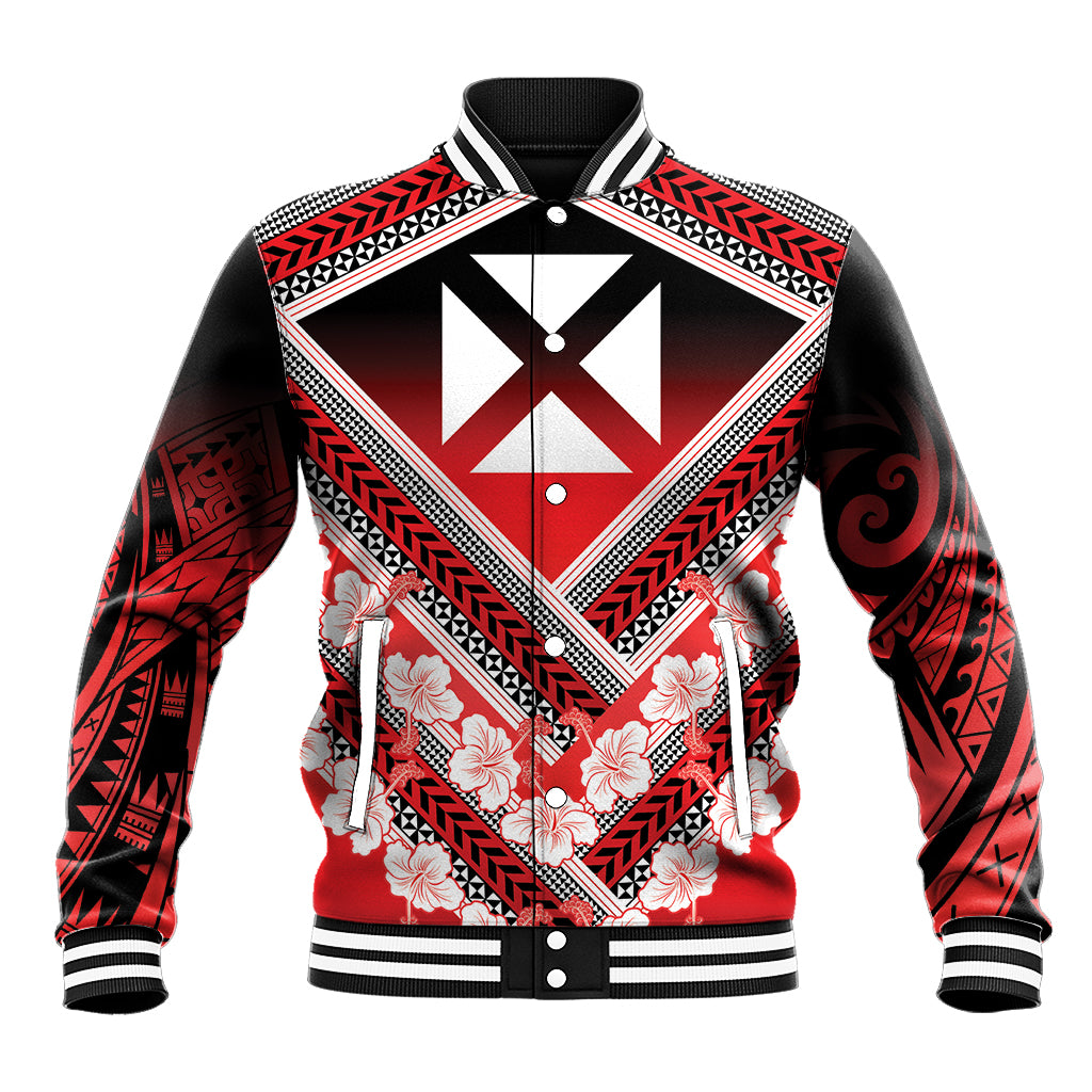 Personalised Wallis et Futuna Baseball Jacket Hibiscus and Polynesian Tribal Tattoos