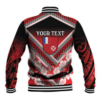 Personalised Wallis et Futuna Baseball Jacket Hibiscus and Polynesian Tribal Tattoos