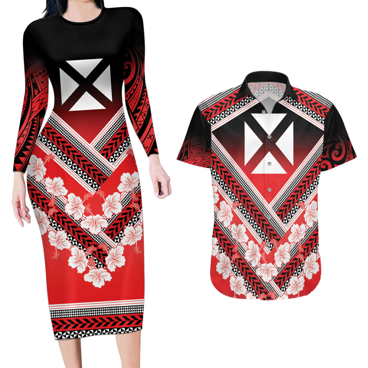 Personalised Wallis et Futuna Couples Matching Long Sleeve Bodycon Dress and Hawaiian Shirt Hibiscus and Polynesian Tribal Tattoos LT9 Red - Polynesian Pride