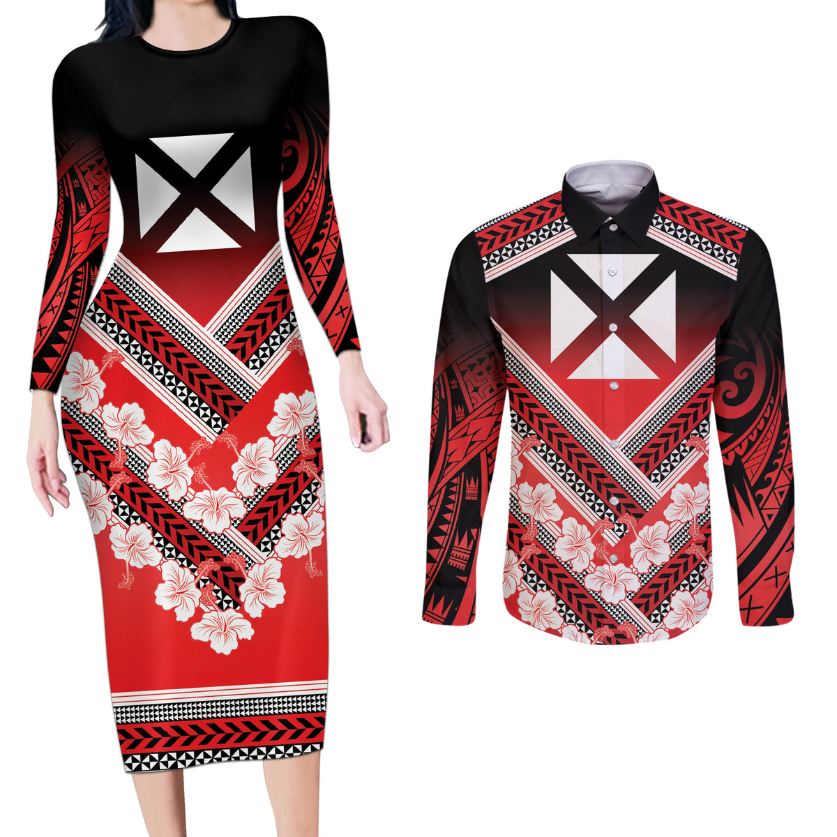 Personalised Wallis et Futuna Couples Matching Long Sleeve Bodycon Dress and Long Sleeve Button Shirt Hibiscus and Polynesian Tribal Tattoos LT9 Red - Polynesian Pride