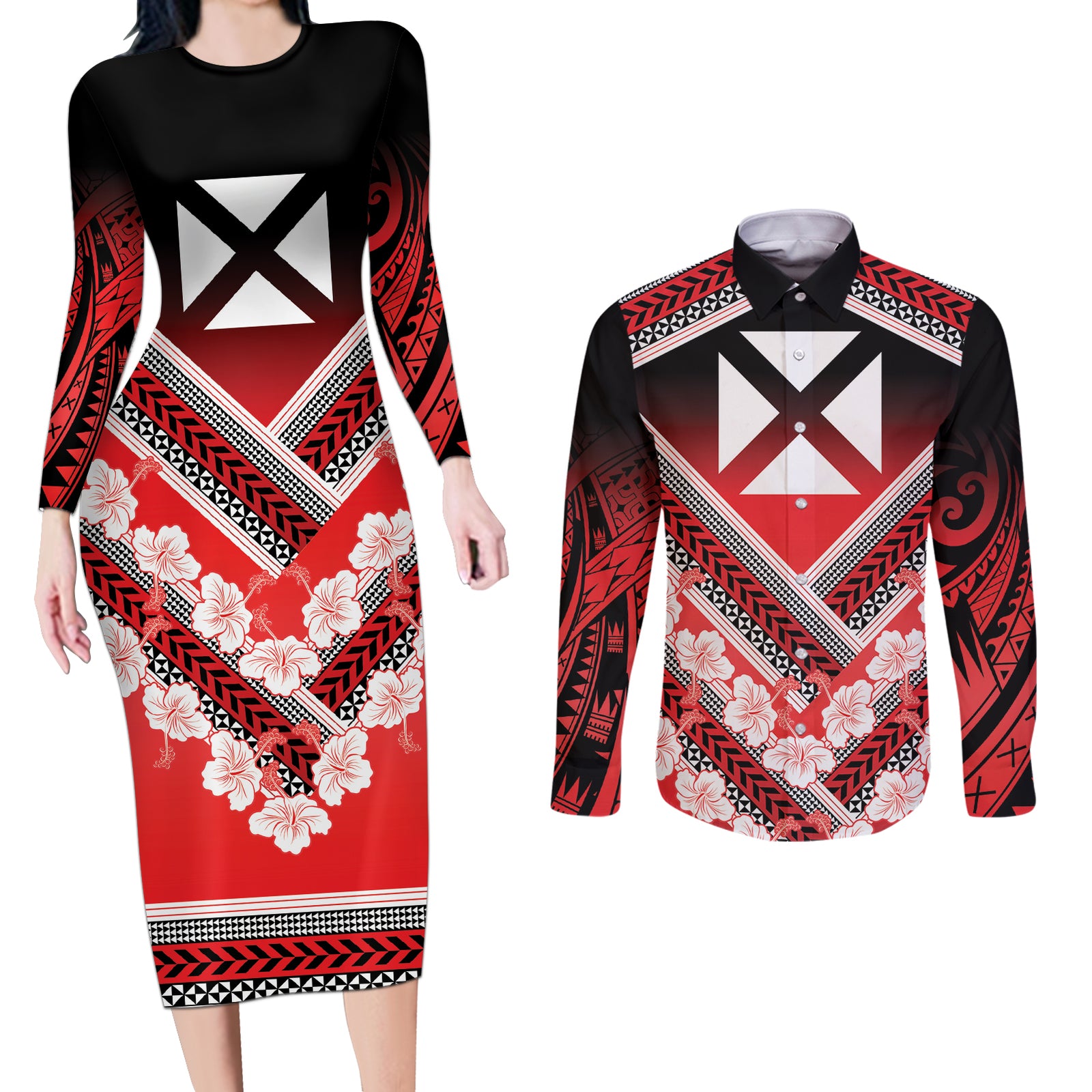 Personalised Wallis et Futuna Couples Matching Long Sleeve Bodycon Dress and Long Sleeve Button Shirt Hibiscus and Polynesian Tribal Tattoos
