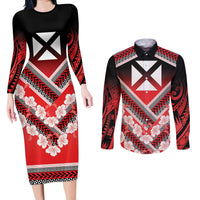 Personalised Wallis et Futuna Couples Matching Long Sleeve Bodycon Dress and Long Sleeve Button Shirt Hibiscus and Polynesian Tribal Tattoos LT9 Red - Polynesian Pride