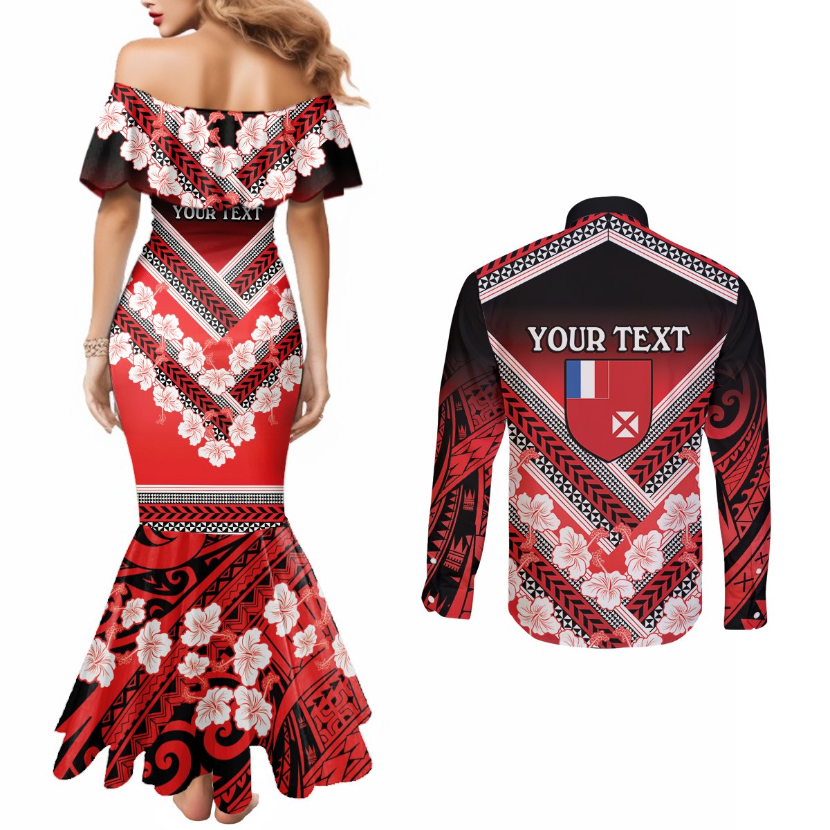 Personalised Wallis et Futuna Couples Matching Mermaid Dress and Long Sleeve Button Shirt Hibiscus and Polynesian Tribal Tattoos LT9 - Polynesian Pride