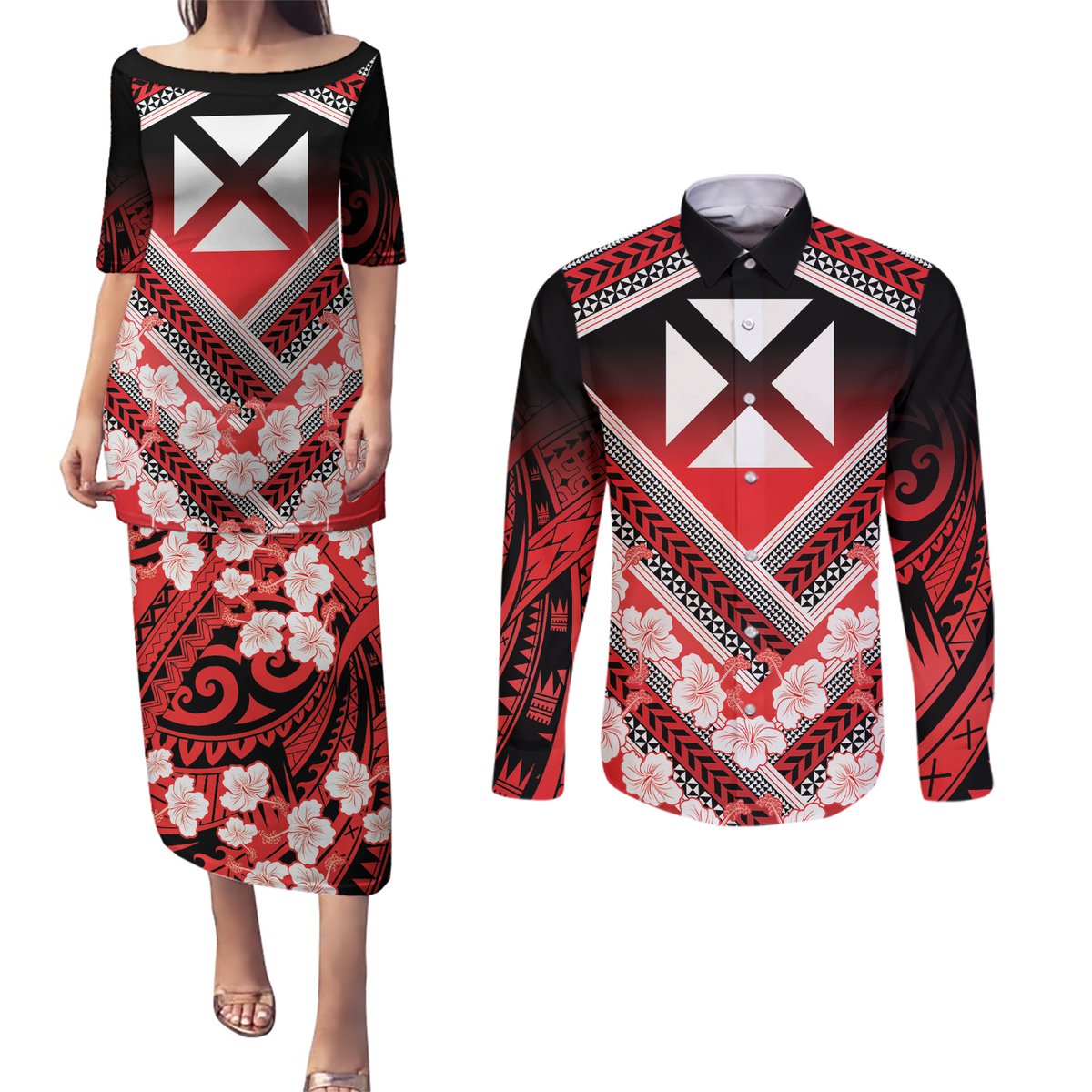 Personalised Wallis et Futuna Couples Matching Puletasi and Long Sleeve Button Shirt Hibiscus and Polynesian Tribal Tattoos