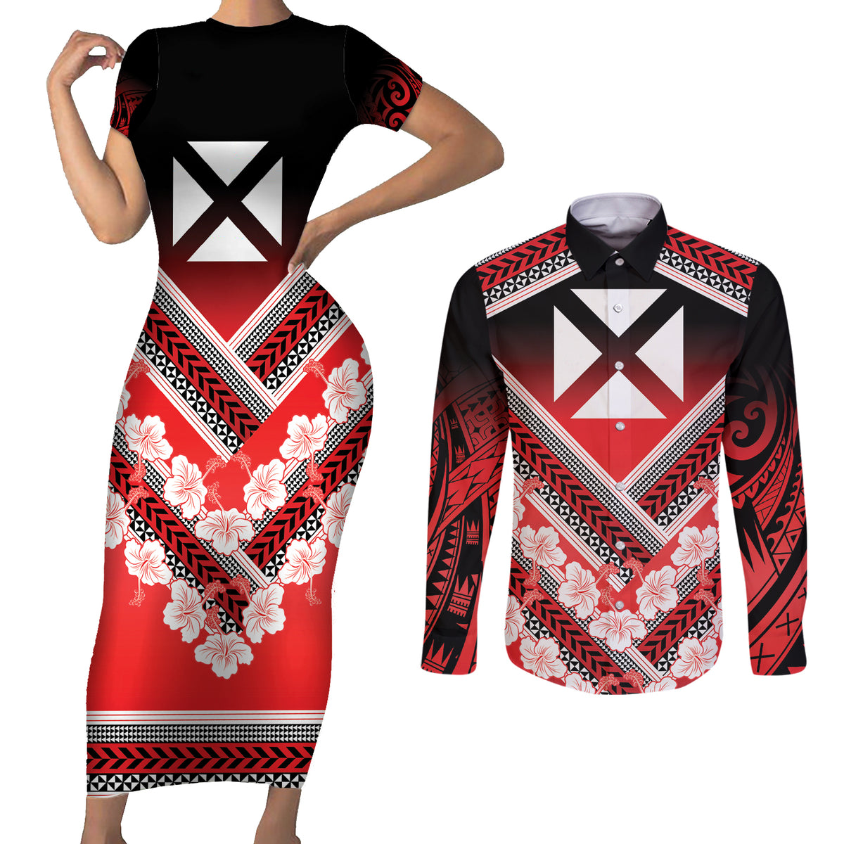 Personalised Wallis et Futuna Couples Matching Short Sleeve Bodycon Dress and Long Sleeve Button Shirt Hibiscus and Polynesian Tribal Tattoos LT9 Red - Polynesian Pride