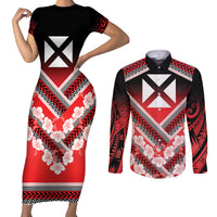Personalised Wallis et Futuna Couples Matching Short Sleeve Bodycon Dress and Long Sleeve Button Shirt Hibiscus and Polynesian Tribal Tattoos LT9 Red - Polynesian Pride