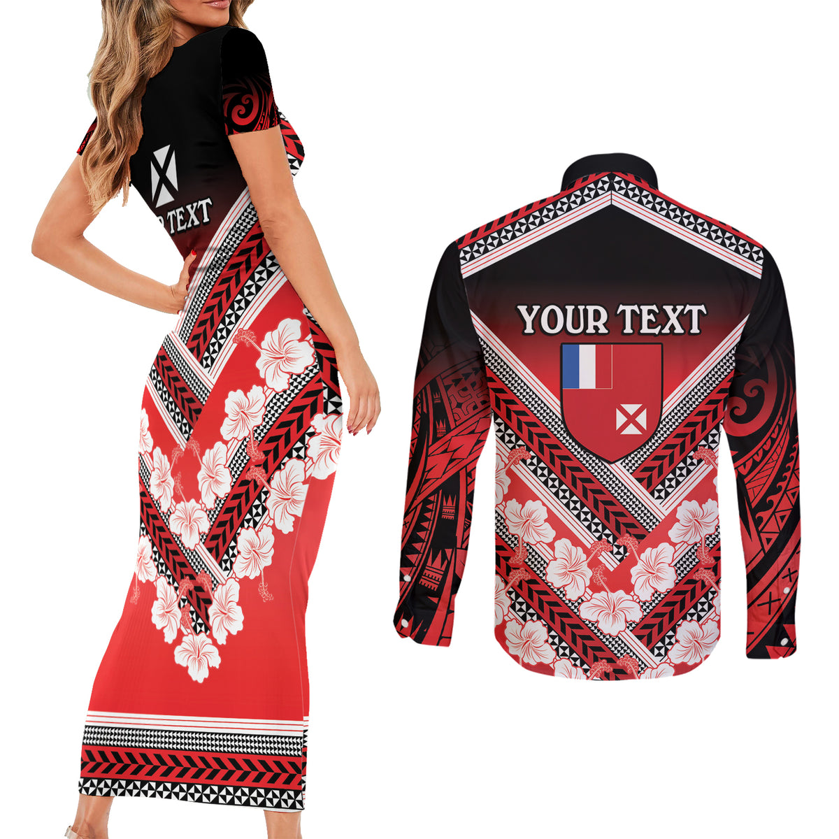 Personalised Wallis et Futuna Couples Matching Short Sleeve Bodycon Dress and Long Sleeve Button Shirt Hibiscus and Polynesian Tribal Tattoos LT9 - Polynesian Pride