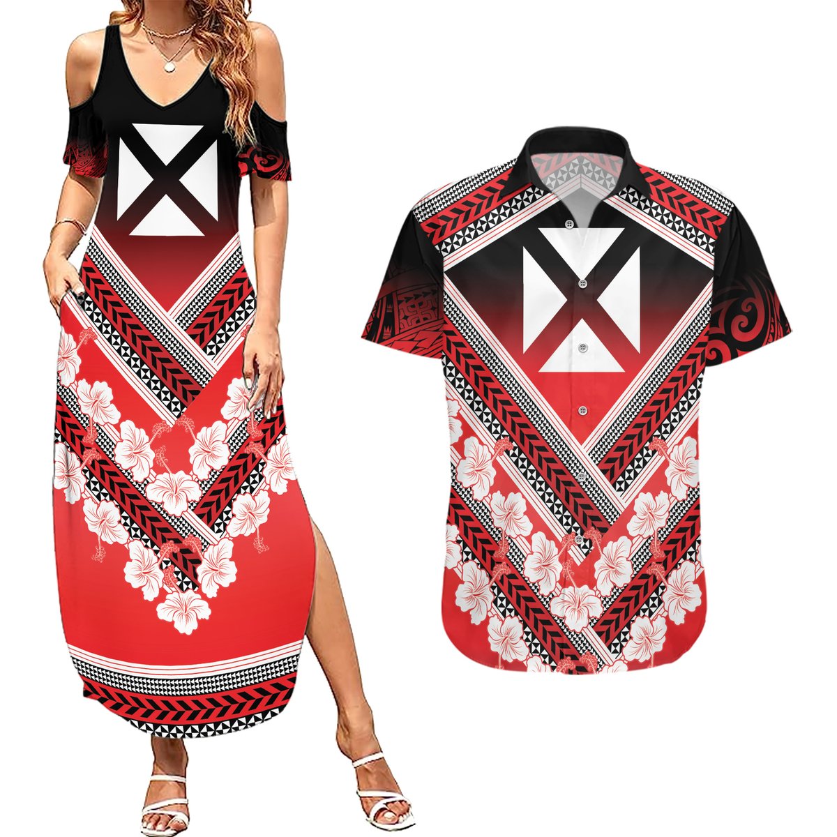 Personalised Wallis et Futuna Couples Matching Summer Maxi Dress and Hawaiian Shirt Hibiscus and Polynesian Tribal Tattoos LT9 Red - Polynesian Pride