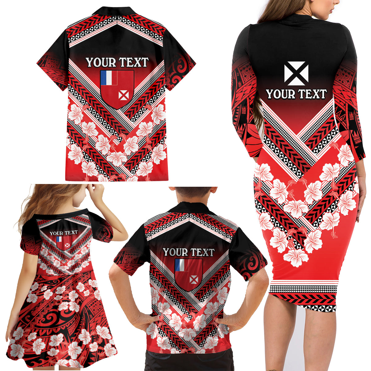 Personalised Wallis et Futuna Family Matching Long Sleeve Bodycon Dress and Hawaiian Shirt Hibiscus and Polynesian Tribal Tattoos LT9 - Polynesian Pride