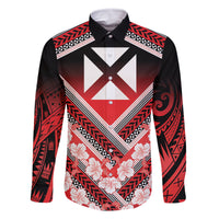 Personalised Wallis et Futuna Family Matching Long Sleeve Bodycon Dress and Hawaiian Shirt Hibiscus and Polynesian Tribal Tattoos LT9 Dad's Shirt - Long Sleeve Red - Polynesian Pride