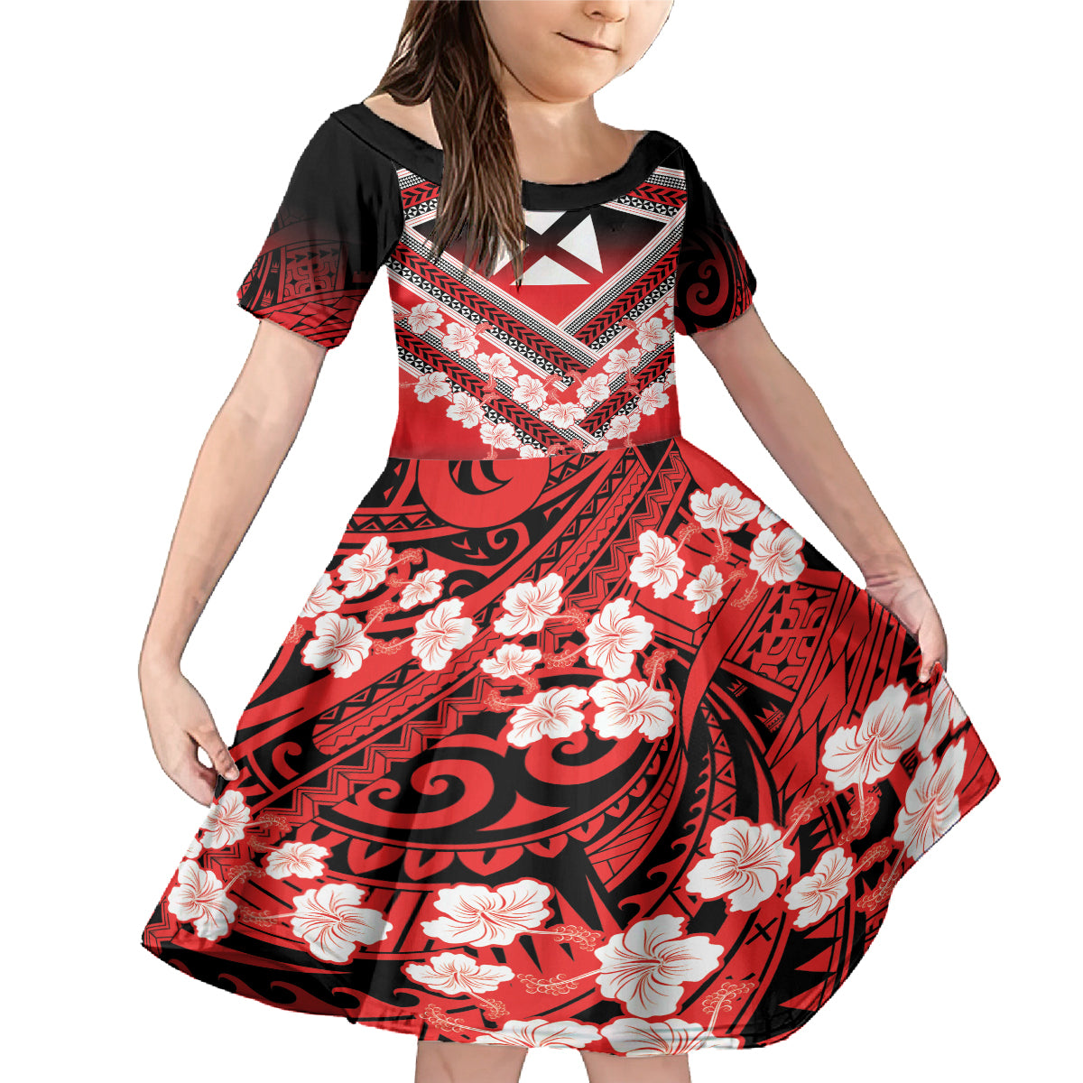 Personalised Wallis et Futuna Family Matching Mermaid Dress and Hawaiian Shirt Hibiscus and Polynesian Tribal Tattoos LT9 Daughter's Dress Red - Polynesian Pride