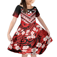Personalised Wallis et Futuna Family Matching Off The Shoulder Long Sleeve Dress and Hawaiian Shirt Hibiscus and Polynesian Tribal Tattoos LT9 Daughter's Dress Red - Polynesian Pride