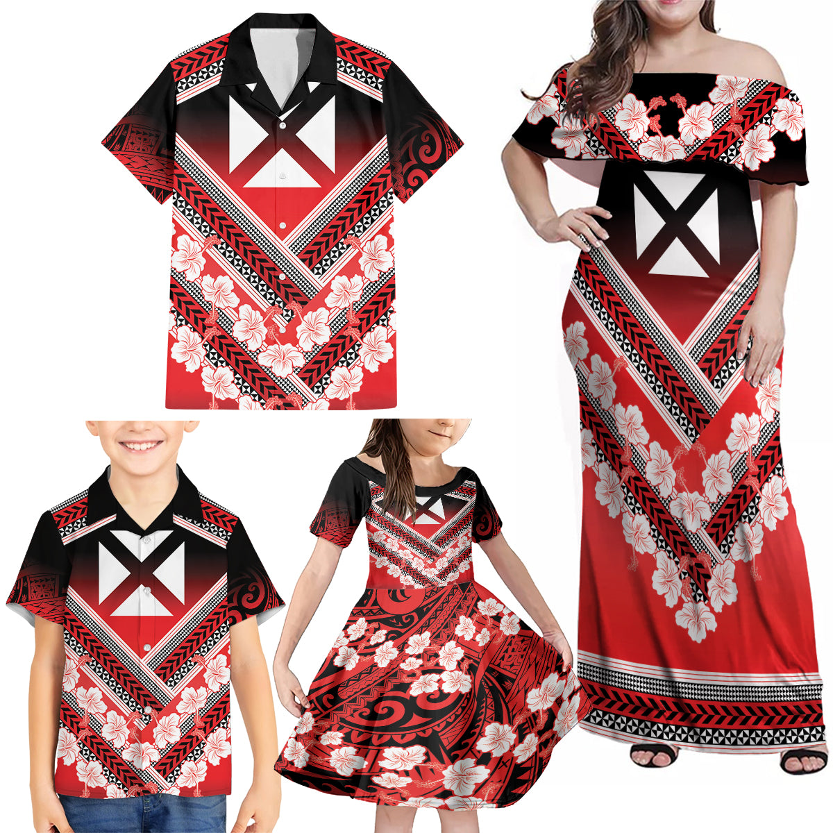 Personalised Wallis et Futuna Family Matching Off Shoulder Maxi Dress and Hawaiian Shirt Hibiscus and Polynesian Tribal Tattoos LT9 - Polynesian Pride