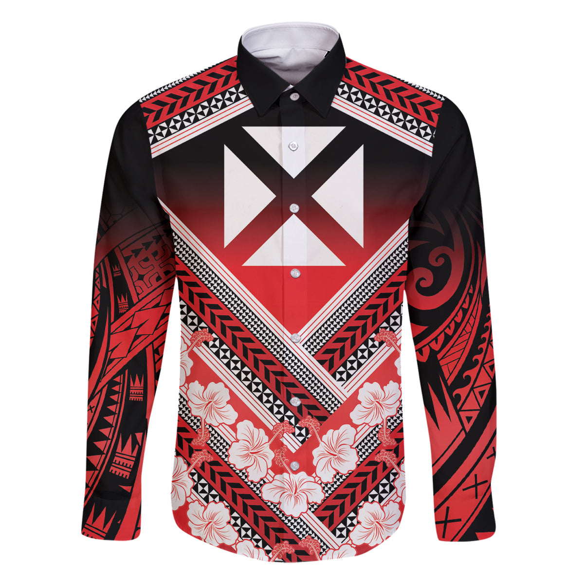 Personalised Wallis et Futuna Family Matching Off Shoulder Maxi Dress and Hawaiian Shirt Hibiscus and Polynesian Tribal Tattoos LT9 Dad's Shirt - Long Sleeve Red - Polynesian Pride
