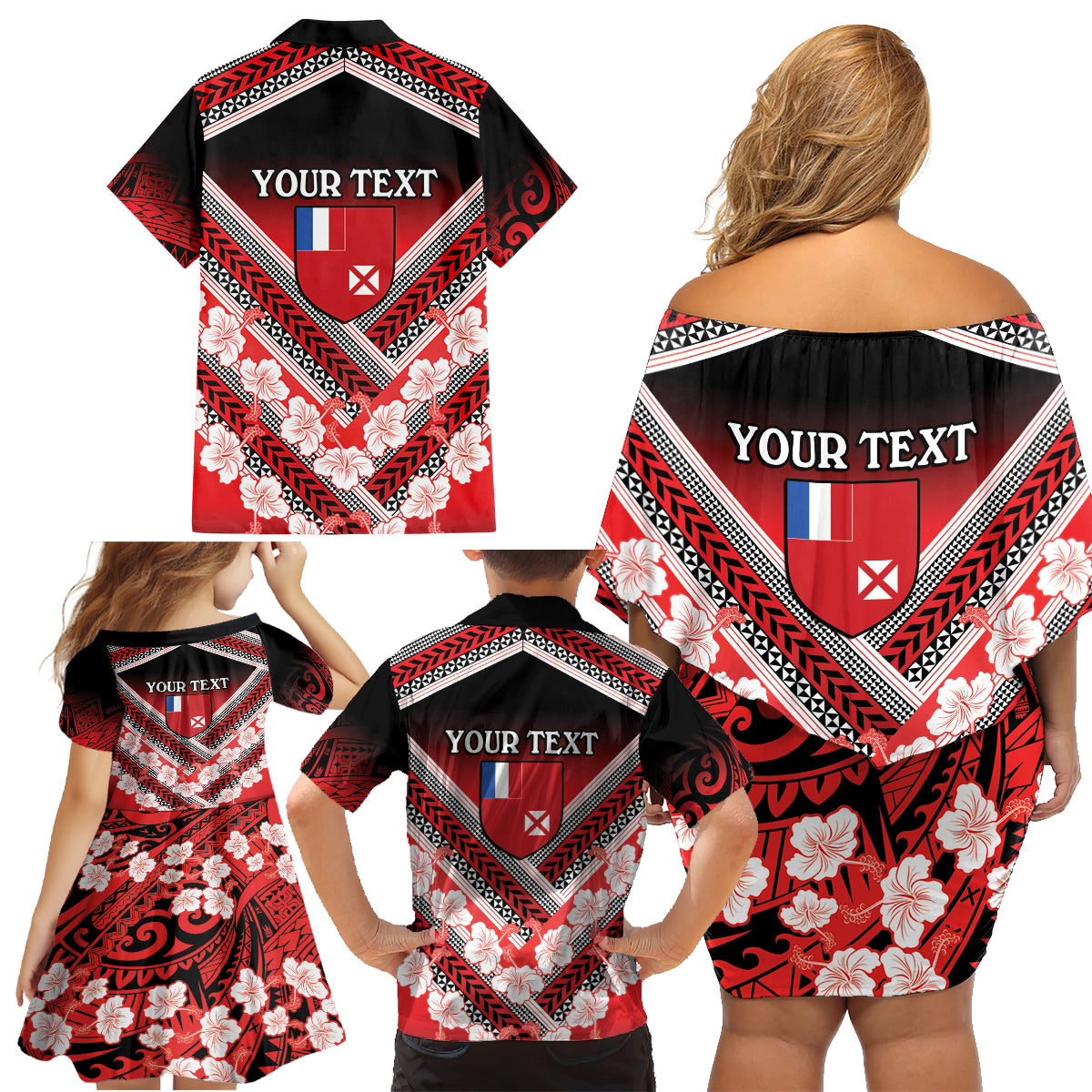 Personalised Wallis et Futuna Family Matching Off Shoulder Short Dress and Hawaiian Shirt Hibiscus and Polynesian Tribal Tattoos LT9 - Polynesian Pride