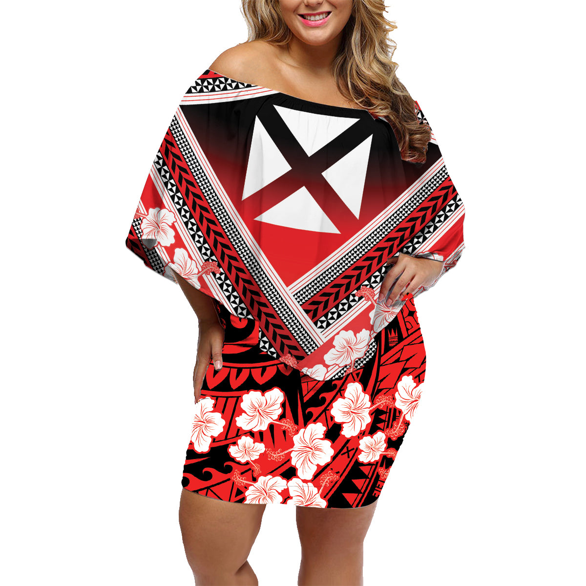 Personalised Wallis et Futuna Family Matching Off Shoulder Short Dress and Hawaiian Shirt Hibiscus and Polynesian Tribal Tattoos LT9 Mom's Dress Red - Polynesian Pride