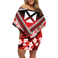 Personalised Wallis et Futuna Family Matching Off Shoulder Short Dress and Hawaiian Shirt Hibiscus and Polynesian Tribal Tattoos LT9 Mom's Dress Red - Polynesian Pride