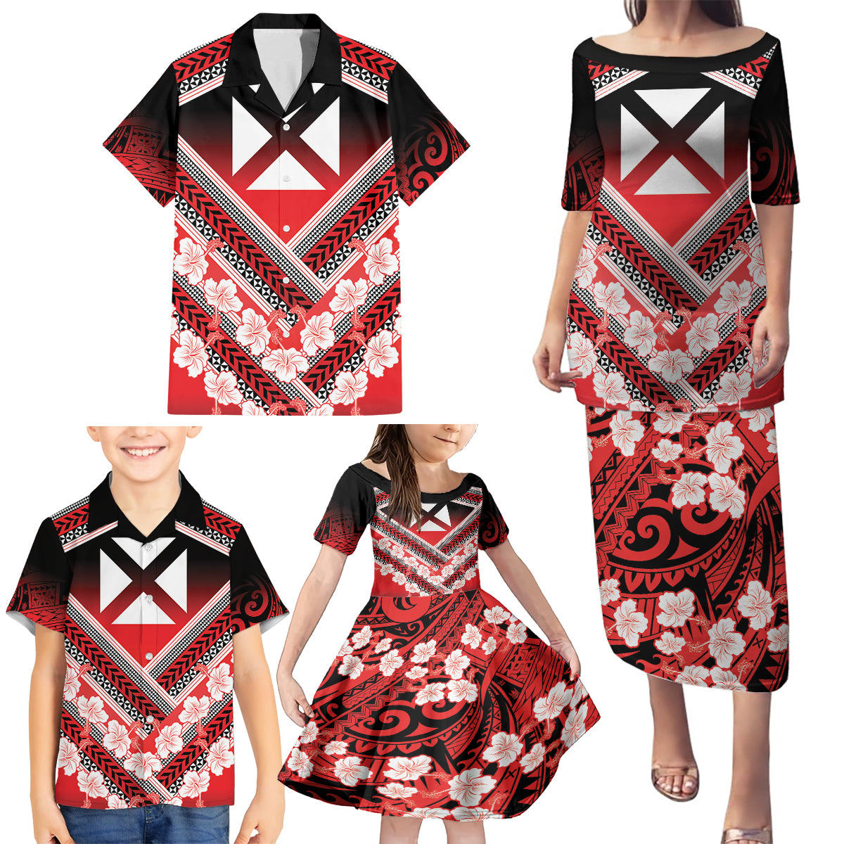 Personalised Wallis et Futuna Family Matching Puletasi and Hawaiian Shirt Hibiscus and Polynesian Tribal Tattoos LT9 - Polynesian Pride