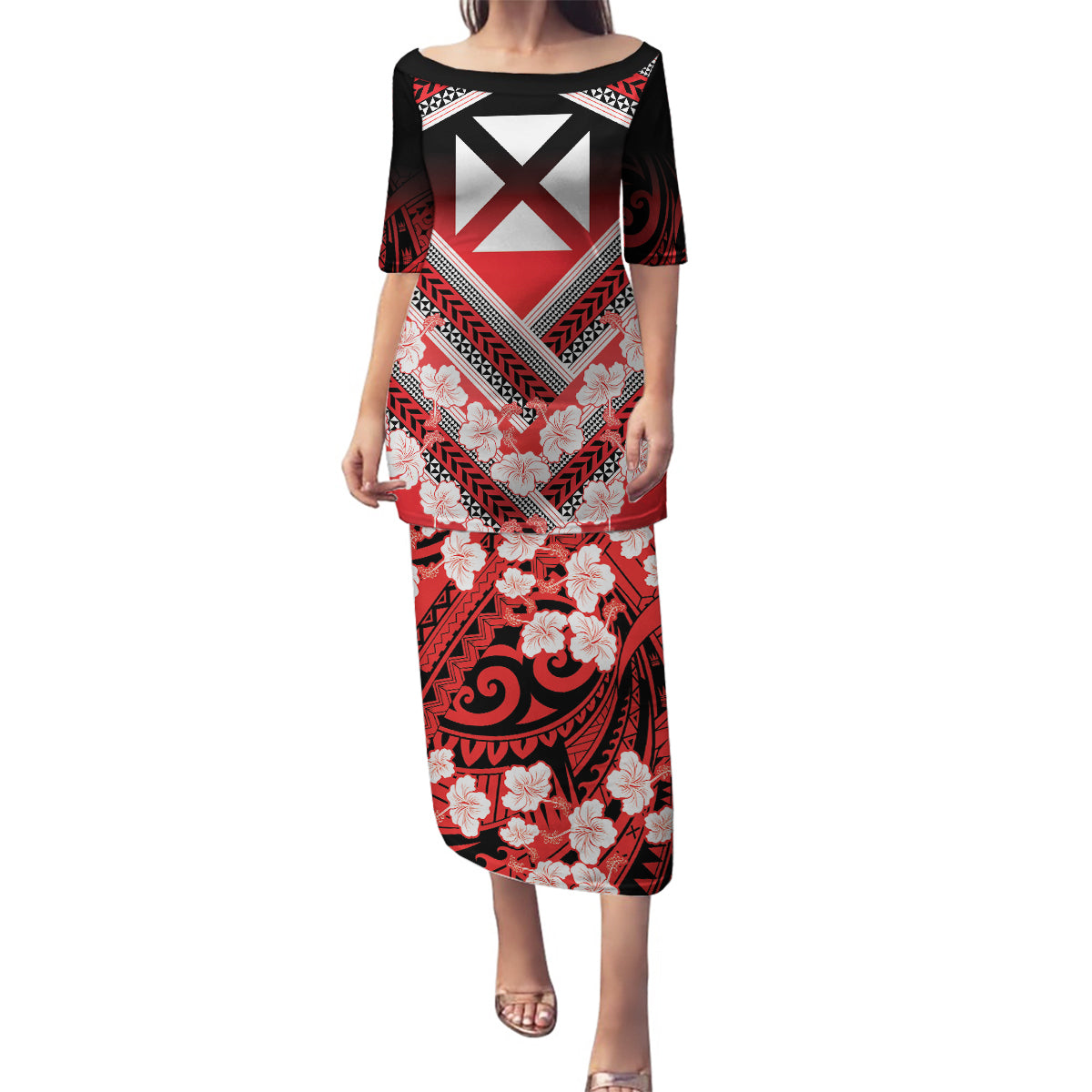 Personalised Wallis et Futuna Family Matching Puletasi and Hawaiian Shirt Hibiscus and Polynesian Tribal Tattoos LT9 Mom's Dress Red - Polynesian Pride